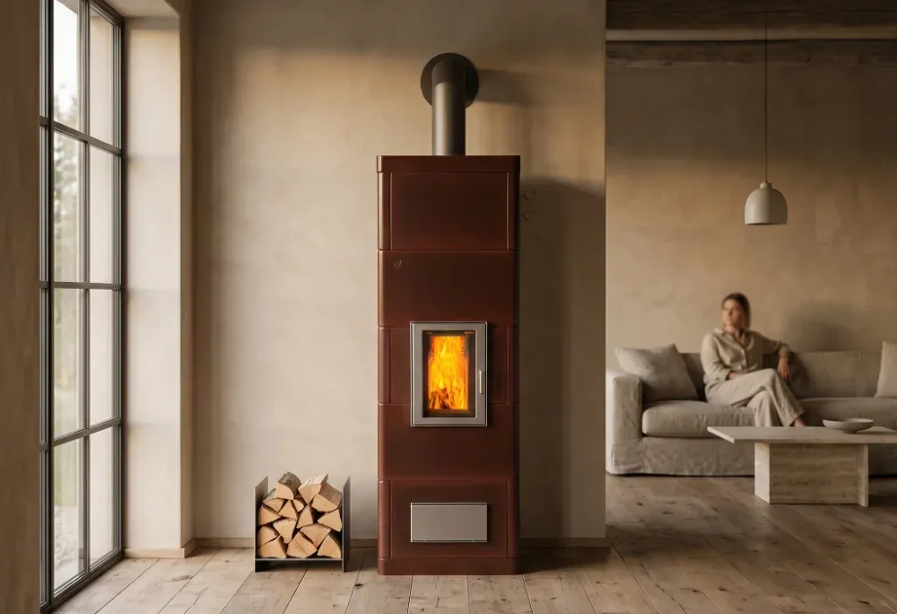 Roter Tigchel Speicherofen 8D als effiziente Holzheizung im Wohnraum