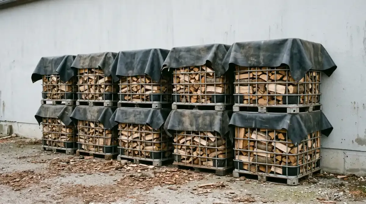 Zwei Reihen IBC-Gitterboxen mit gestapeltem Brennholz an einer Hauswand, oben mit schwarzer Plane abgedeckt