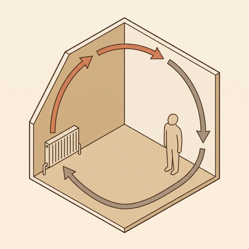 Eine Illustration die den Luftstrom in einem mit Heizkörpern beheizten Raum zeigt. Die kalte Luft wird im Heizkörper erwärmt und steigt als Wärme Luft auf .