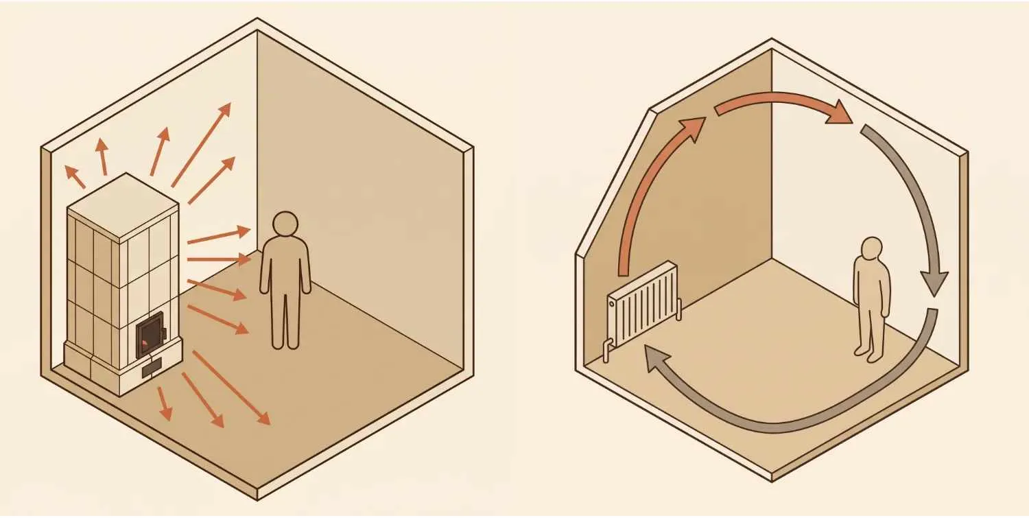 Kachelofen mit Strahlungswärme (gerade Pfeile zur Person) im Vergleich zu Heizkörper mit Konvektionswärme (Luftkreislauf im Raum).