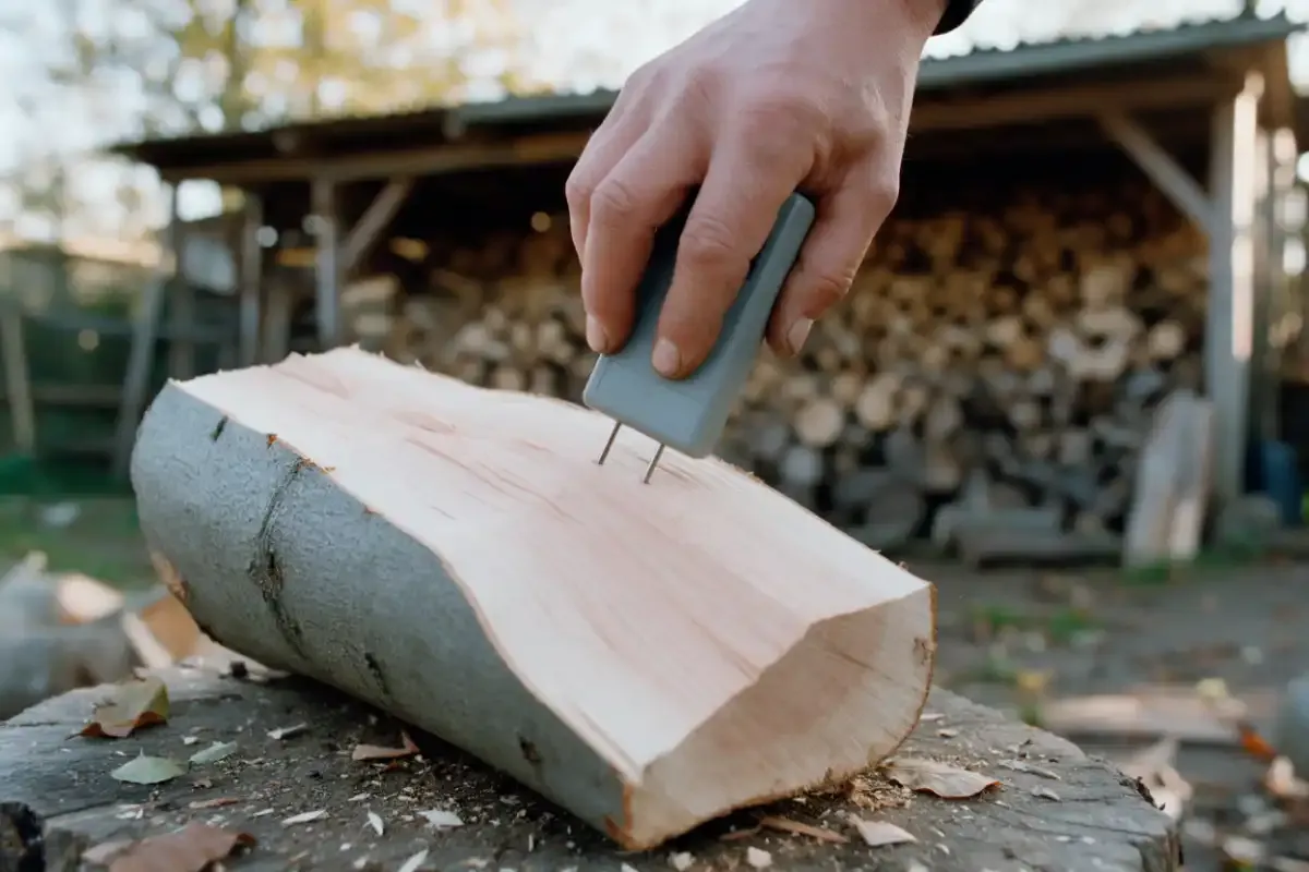 Hand misst mit einem Holzfeuchtemessgerät die Restfeuchte auf der frischen Spaltfläche eines Buchenscheits